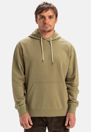 Olive green hoodie with a kangaroo pocket, drawstrings, and ribbed cuffs. Soft fabric texture with subtle logo embroidery on the chest.