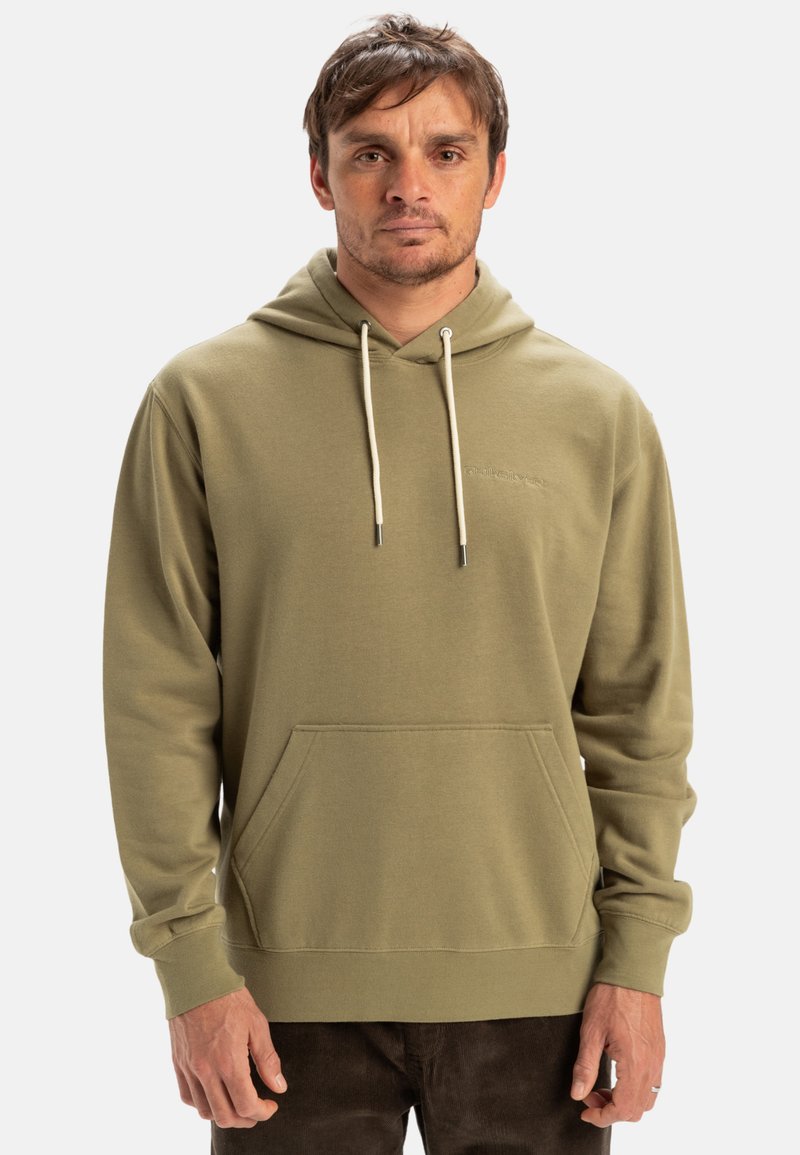 Olive green hoodie with a kangaroo pocket, drawstrings, and ribbed cuffs. Soft fabric texture with subtle logo embroidery on the chest.