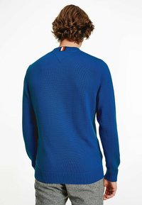 Niebieski sweter dziany z prążkowanym wykończeniem u dołu i przy mankietach. Posiada plecy w kształcie litery V z wielokolorowym paskiem na kołnierzu.