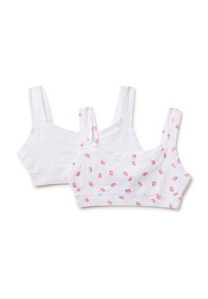 Zwei weiße Baumwoll-Bauchfreie Tops mit breiten Trägern; eines mit einem pinken und blauen Erdbeermuster, das andere schlicht weiß.