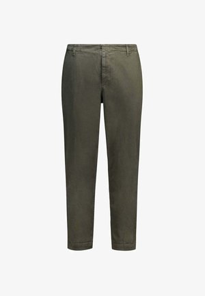 Pantaloni in cotone verde oliva con vestibilità affusolata, tasche laterali e una texture liscia. Presentano un girovita standard con passanti per cintura.