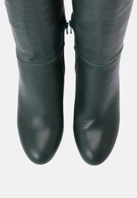 Une paire de bottes en cuir vert foncé montantes avec des fermetures éclair latérales, vues de dessus sur un fond blanc.