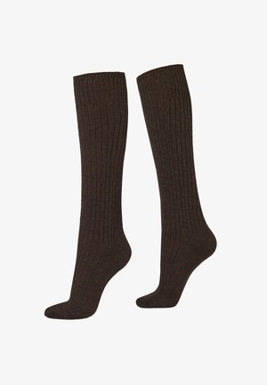 Calcetines marrones hasta la rodilla con textura acanalada, hechos de material suave, con talones y punteras reforzadas para mayor durabilidad.