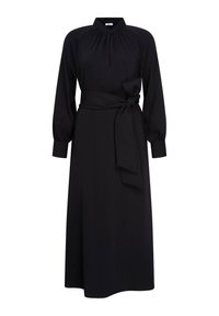 Abito midi nero a maniche lunghe con scollatura arricciata, dettaglio a occhiello, maniche con polsini e grande fiocco in vita su sfondo bianco uniforme.