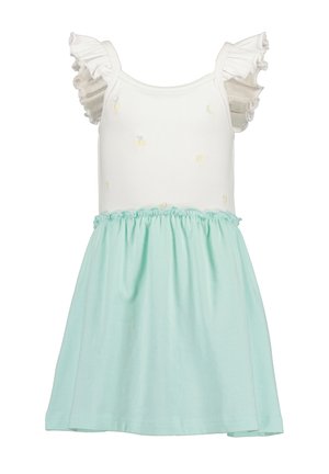 Vestito bianco senza maniche con spalline arricciate, piccolo ricamo di frutti gialli sul corpetto e gonna azzurra raccolta.