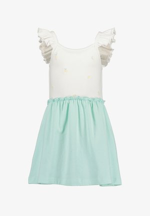 Vestito bianco senza maniche con spalline arricciate, piccolo ricamo di frutti gialli sul corpetto e gonna azzurra raccolta.