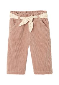 Pink corduroy pants with a textured surface, featuring pockets and a cream patterned belt tied at the waist. Cropped length.
