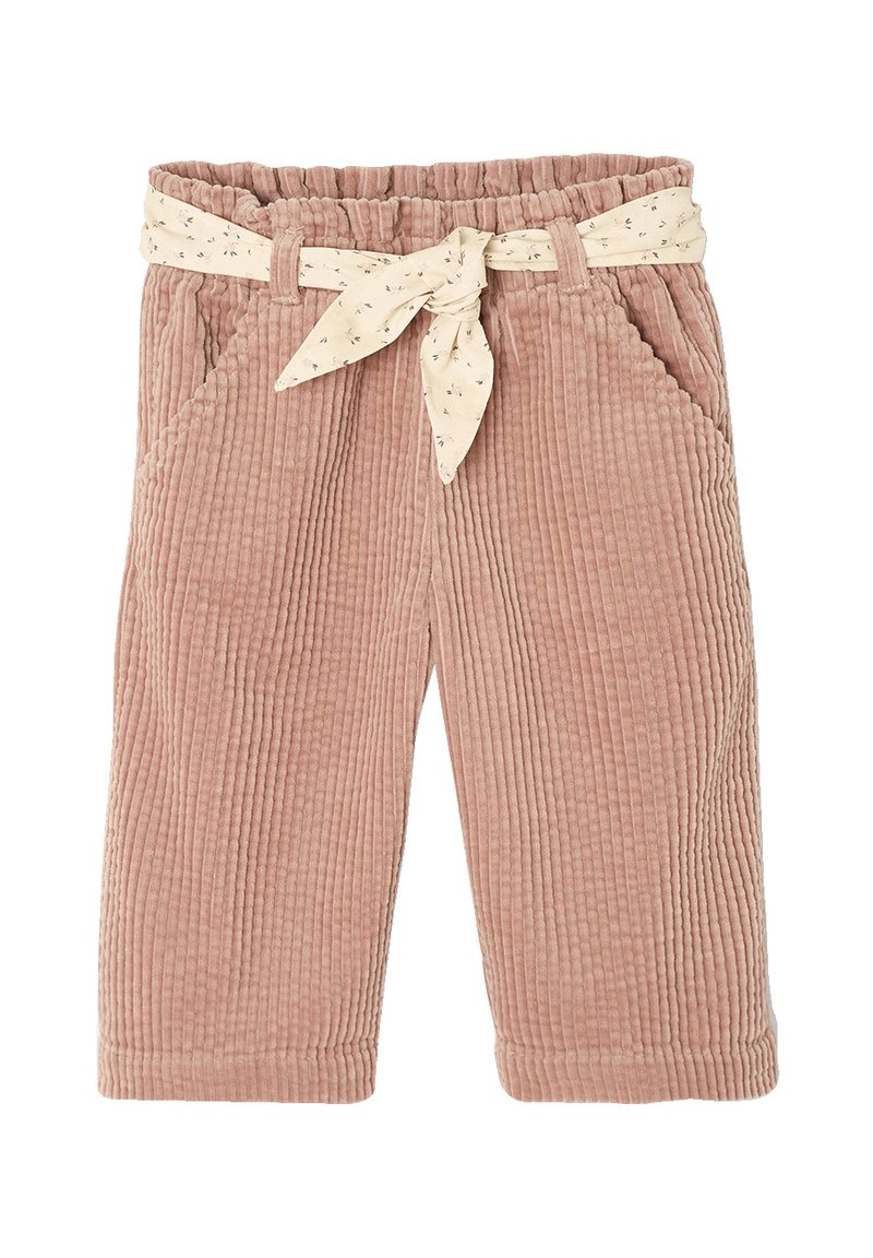 Pink corduroy pants with a textured surface, featuring pockets and a cream patterned belt tied at the waist. Cropped length.