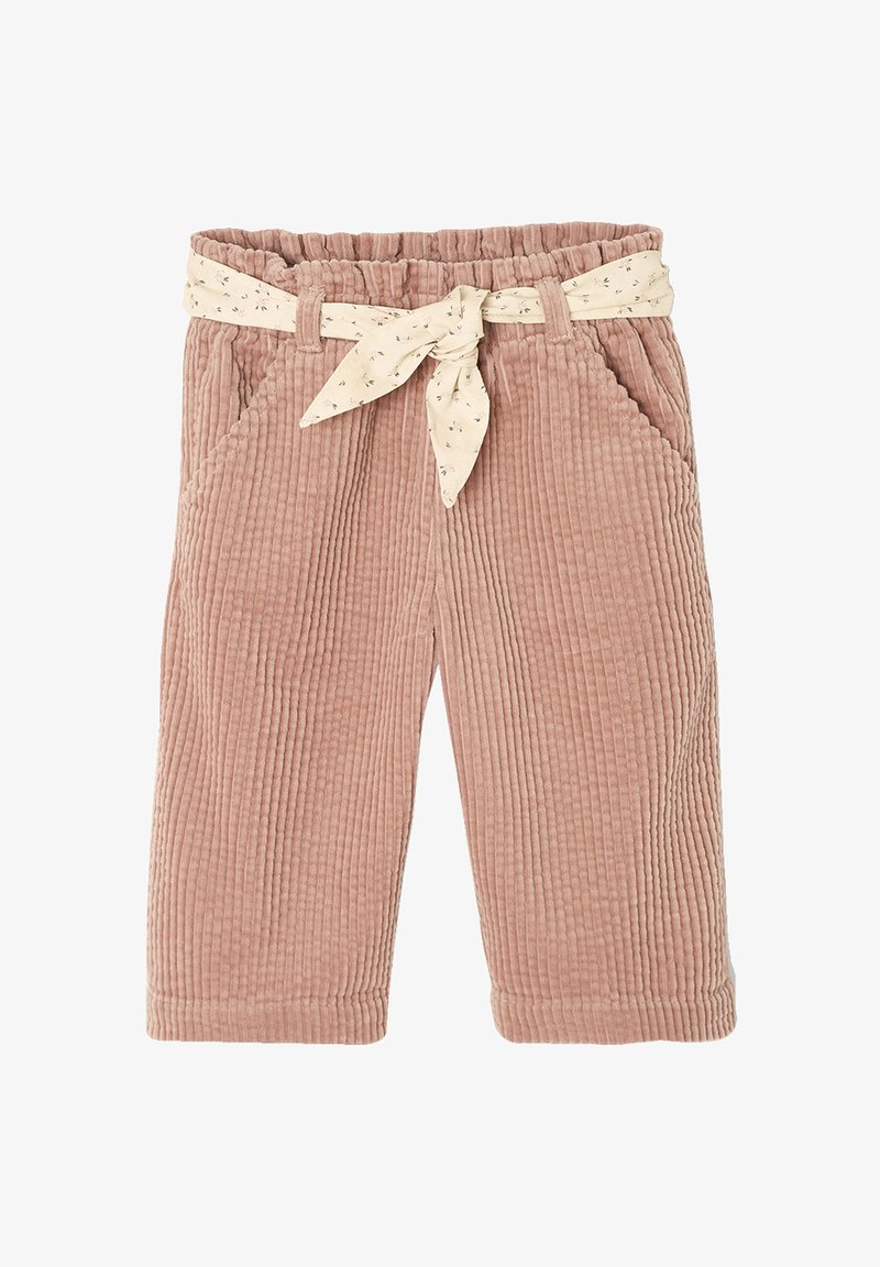 Pink corduroy pants with a textured surface, featuring pockets and a cream patterned belt tied at the waist. Cropped length.