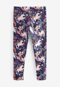 Leggings colorés en tissu bleu marine avec un motif de licorne et d'arc-en-ciel, fabriqués à partir d'un matériau extensible au toucher doux.