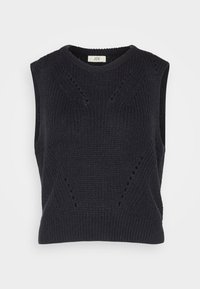 Marinblå ärmlös stickad tröja med ett texturerat mönster, som har öppna maskor och rundad halsringning. Lappen läser "JDY."