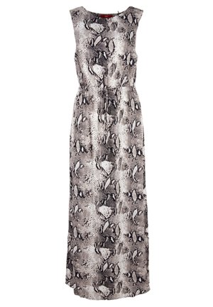 Vestido largo sin mangas con estampado de piel de serpiente en gris y negro y cintura ajustada.