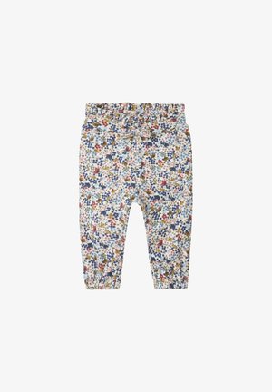 Broek met bloemenprint, gemaakt van een zachte, rekbare stof, met elastische tailleband en verzamelde enkels in een meerkleurig ontwerp.