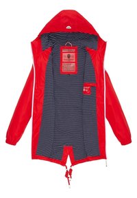 Veste imperméable rouge avec intérieur rayé bleu marine, poches zippées, cordon de serrage à l'ourlet et capuche. Étiquette de marque à l'intérieur.