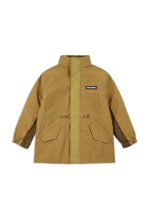 Braune Kapuzenjacke mit einem Frontreißverschluss, zwei großen Taschen, elastischen Bündchen und einem kontrastierenden Mittelstreifen mit einem Etikett.