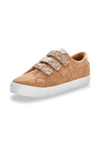 Tan leather sneaker with three glittery Velcro straps, white rubber sole, tonal stitching, and textured accents on the sides.