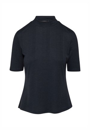 Donker marineblauw shirt met korte mouwen, een neklijn met een opstaande kraag, geribbeld textuur en een uitlopende zoom. Gemaakt van gebreide stof, met verticale naden aan de voorkant.