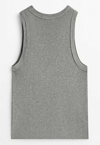 Sleeveless gray ribbed knit tank top with round neckline and wide armholes, shown from the back.