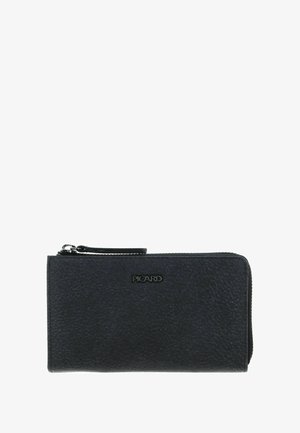 Portefeuille autour zippé en cuir texturé noir avec un logo en métal "PICARD" sur le devant et une languette de fermeture éclair en cuir.