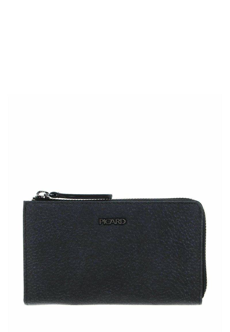 Portefeuille autour zippé en cuir texturé noir avec un logo en métal "PICARD" sur le devant et une languette de fermeture éclair en cuir.