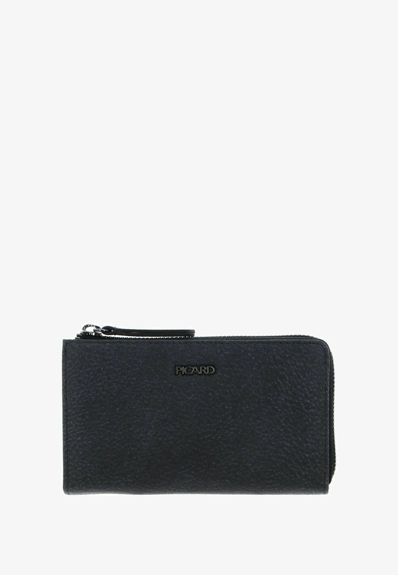 Portefeuille autour zippé en cuir texturé noir avec un logo en métal "PICARD" sur le devant et une languette de fermeture éclair en cuir.