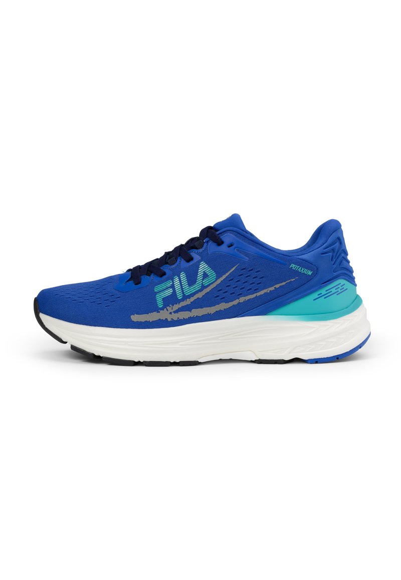 Blauwe sportschoenen met een gestructureerde bovenkant, een logo in wit en groen, een gevoerde middenzool en een slank ontwerp. Rubberen buitenzool voor grip.