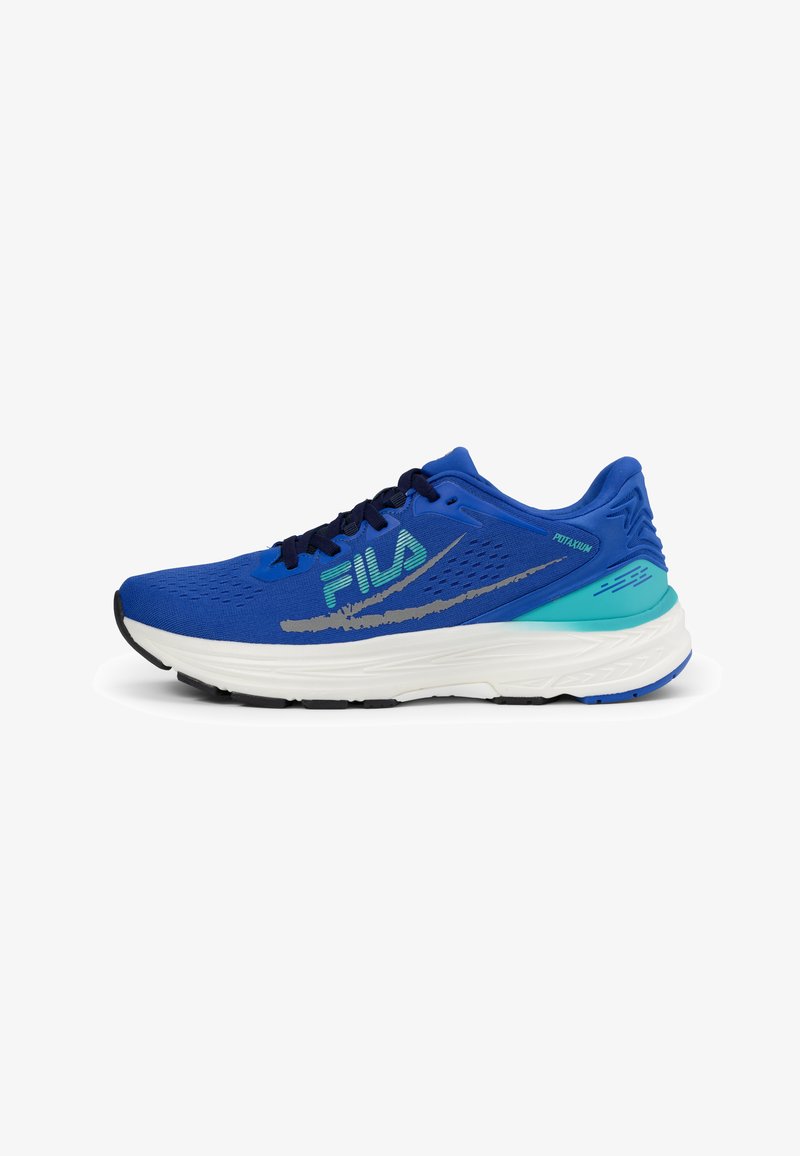 Scarpe sportive blu con tomaia texture, un logo bianco e verde, una suola intermedia ammortizzata e un design elegante. Suola in gomma per una buona aderenza.