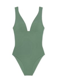 Green one-piece swimsuit featuring a deep V-neck, wide straps, and smooth fabric with a fitted silhouette. No patterns or hardware details.