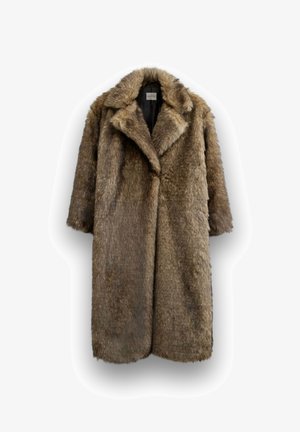 Brown faux fur coat with a wide collar, long sleeves, and front closure. Soft texture and substantial, mid-length design.