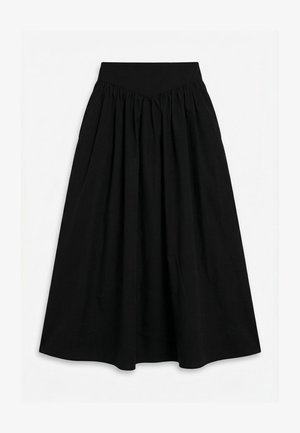 Μαύρη midi φούστα με εφαρμοστή μέση και μάζεμα υφάσματος που ανοίγει προς τα κάτω, δημιουργώντας μια φαρδιά σιλουέτα.