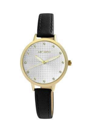 Gold case wristwatch with black leather strap, silver textured dial, crystal hour markers, and gold hands showing 10:10:38.
