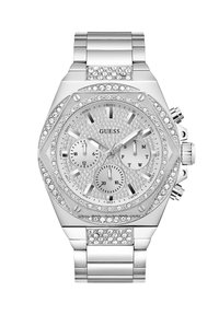 Montre chronographe argentée avec un cadran texturé, trois sous-cadrans et des accents en cristal sur la lunette et le bracelet. Dispose d'un bracelet en acier inoxydable.
