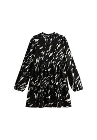 Robe noire à manches longues, col rond et taille froncée. Présente un motif abstrait blanc sur toute sa surface, fabriquée en tissu léger.