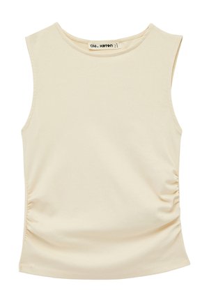 Top beige senza maniche da donna con scollo rotondo e leggero arricciatura ai lati, realizzato in tessuto liscio.