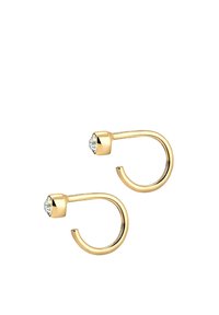 Goldfarbene Creolen mit einem klaren Steinakzent an der Oberseite jedes Hakens. Glatte Metalloberfläche mit einem minimalistischen Design.