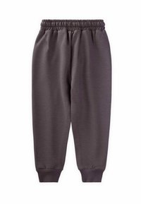 Donkergrijze sweatpants met een elastische tailleband en geribbelde boorden. Gemaakt van zachte stof met een gladde textuur en heeft een relaxte pasvorm.
