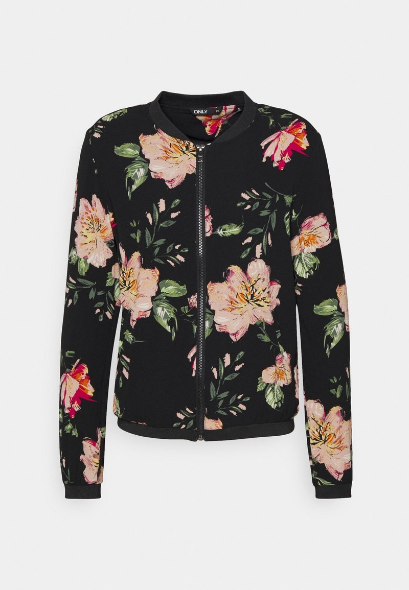 Veste bomber florale en tissu noir avec de grandes fleurs roses et vertes, fermeture éclair devant, poignets et ourlet côtelés.