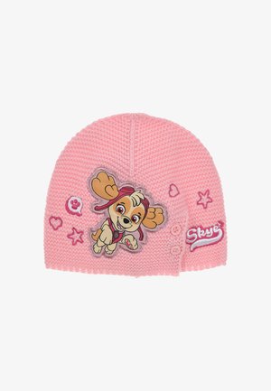 Gorro de lana rosa con un perro de dibujos animados bordado, acentos decorativos de corazones y estrellas, y dos botones en el lateral.