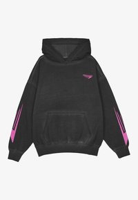 Černá mikina s kapucí a přední kapsou, růžové logo značky na hrudi a růžový grafický design na obou rukávech. Texturovaná tkanina, volný střih.