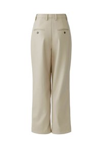 Beige Hosen mit geradem Schnitt, ausgestattet mit Vordertaschen, Gesäßtaschen mit Knopf-Details und einem glatten, strukturierten Stoff.