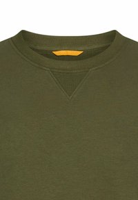 Olijfgroene sweatshirt met ronde hals en geribbelde kraag, met V-vormige stikdetails onder de halslijn.