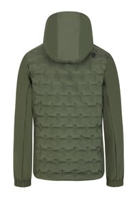 Veste doudoune verte avec capuche, présentant un motif matelassé texturé, des poignets élastiques et une finition lisse et mate.