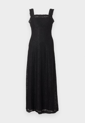 Robe maxi noire sans manches en dentelle avec décolleté carré et bords festonnés sur les bretelles et l'ourlet.