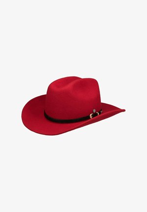 Roter Filz-Cowboyhut mit breiter Krempe und schwarzem geflochtenem Band, das eine kleine goldene Schnalle und eine runde Metallnadel aufweist.