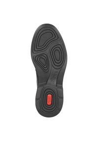 Black shoe sole with wave pattern, featuring a red cushioned accent in the center and textured rubber for grip.