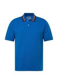 Modrá polo košile vyrobená z bavlny, s klasickým límcem s oranžovými a černými pruhy, krátkými rukávy a dvouknoflíkovou légou.