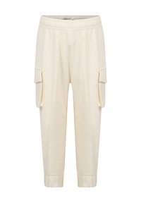 Crème-kleurige cargobroek van een gestructureerde stof, met een elastische tailleband, taps toelopende benen en twee zijvakjes.