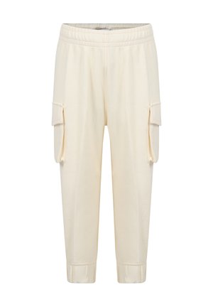 Crème-kleurige cargobroek van een gestructureerde stof, met een elastische tailleband, taps toelopende benen en twee zijvakjes.