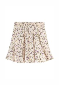 Jupe florale en tissu beige clair, ornée de petits motifs de fleurs violettes et vertes, avec une taille élastique froncée et une forme évasée.