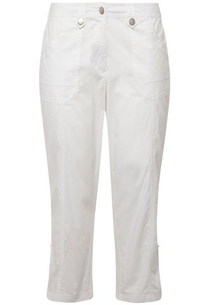 Pantalones cortos blancos hechos de tejido ligero. Presentan dos bolsillos laterales, dos botones frontales y detalles de costura en las costuras.